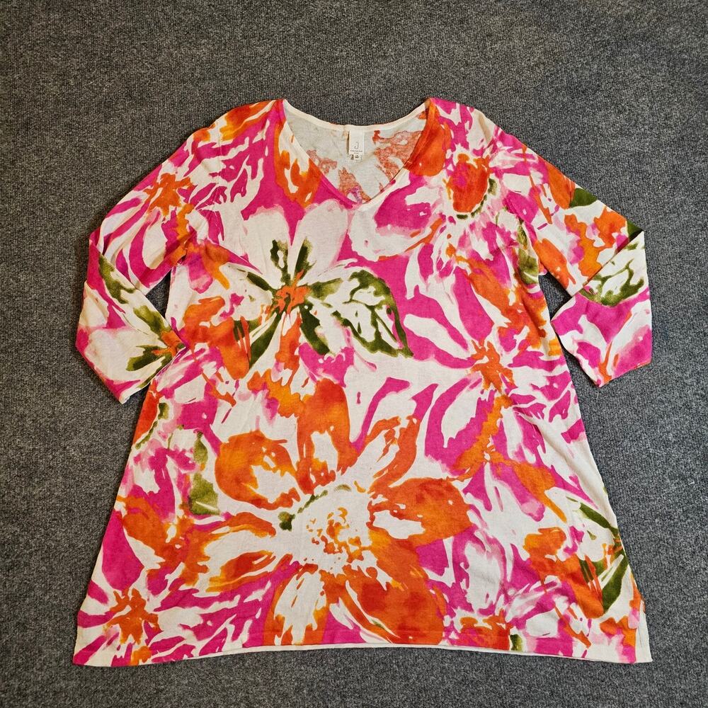 Jones New York Top Sweater Womens 1X Pink White Linen Blend Floral 3/4 Sleeve